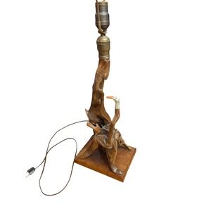 Vintage 1957 Handcrafted Driftwood Bird Table Lamp Myrtle Wood Base Florida Art